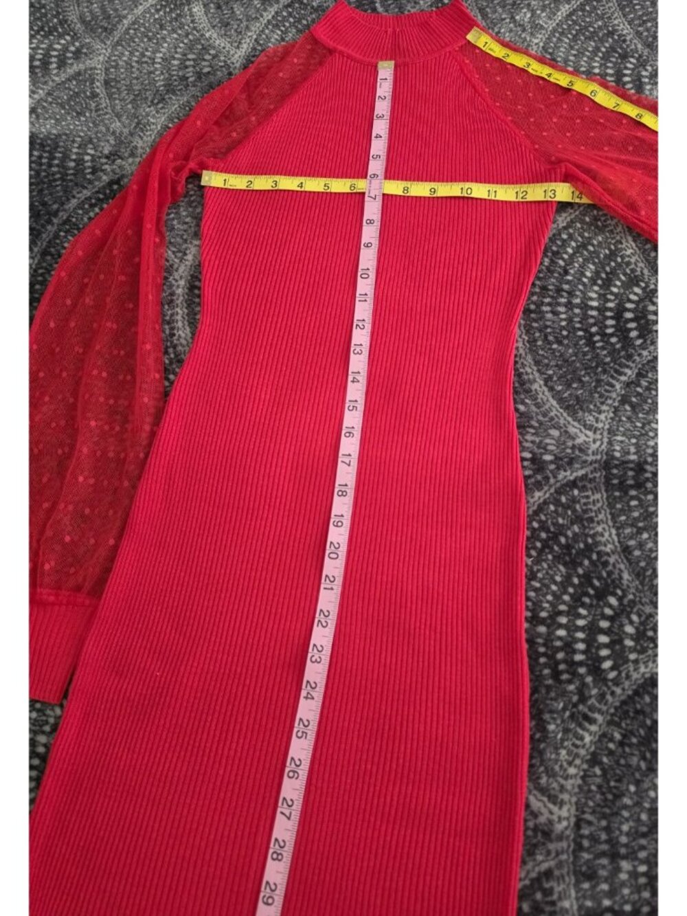 ALMOST FAMOUS  Red Ribbed Knit Turtleneck Sheer Sleeve Bodycon Dress Size S - Picture 4 of 11